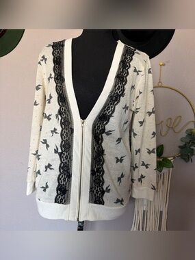 Spoiled Cream Zip Cardigan with Black Lace and Gray Bird Print